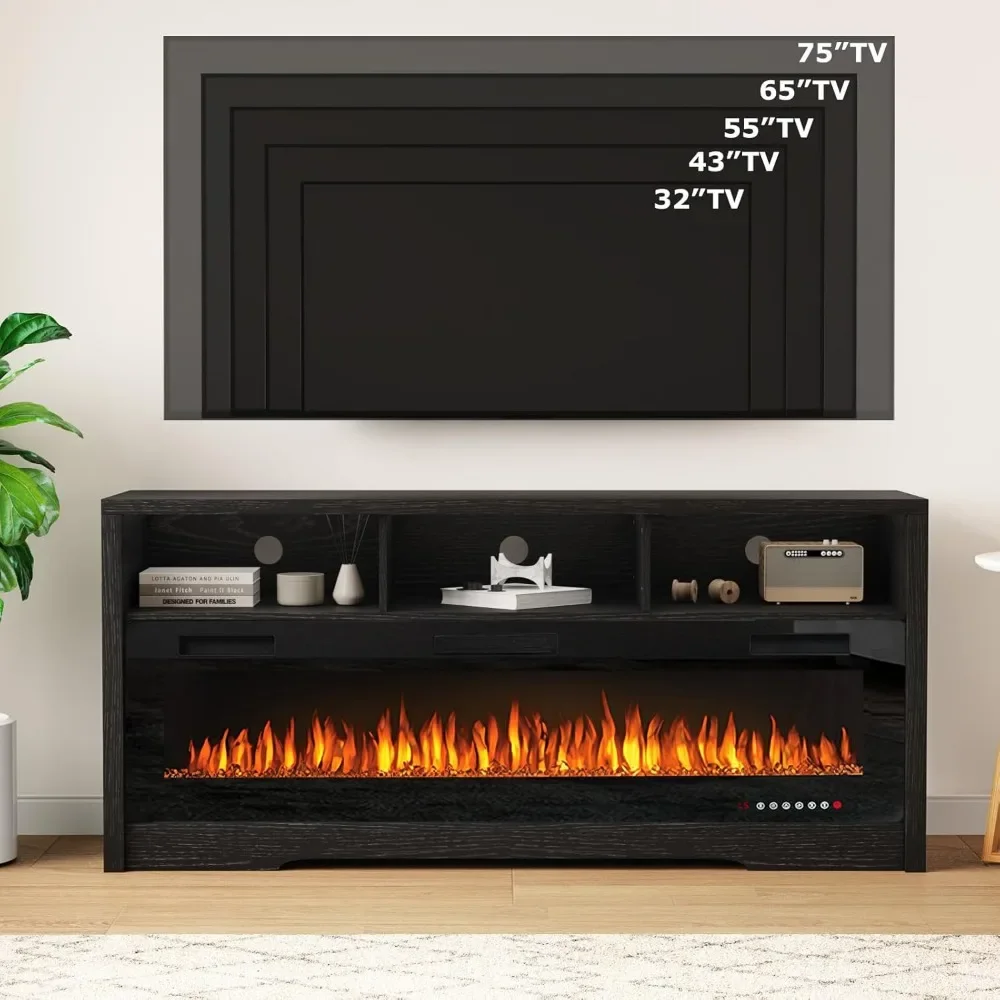 Fireplace TV Stand for TVs Up to 75" TV with 60" Electric Fireplace, with Open Shelve Storage,65 inch TV Stand 4