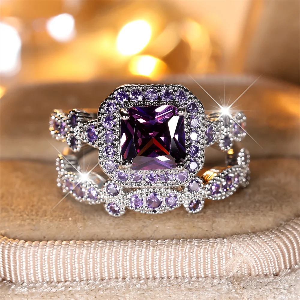 2pcs/Set Square Stone Purple Crystal Engagement Promise Ring Sets For Women Vintage Silver Color Wedding Jewelry Bridal Set Gift