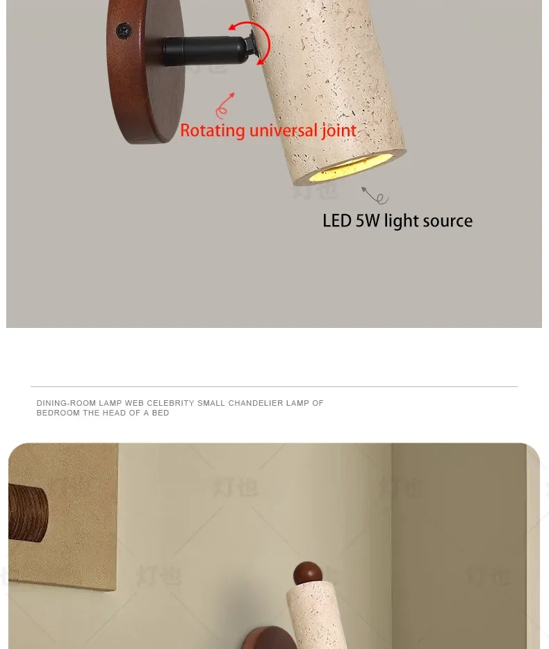 Description Picture 6 of itemLed Wall Lamp Bedroom Bedside Reading Light Stone Rotatable Spot With Aall Switch Study Lighting Fixture Walnut Log Wood Color