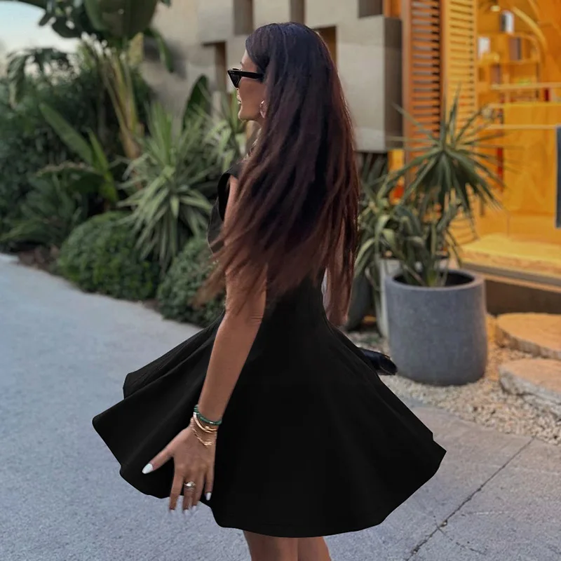Sleeveless Folds Mini Dress Women's Solid Color High Waist Outfits Half Turtleneck Elegant Club Casual Party Dress A-Line