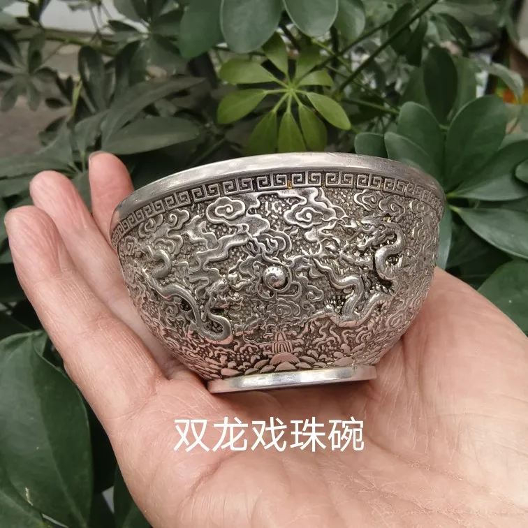 

Antique bronze ware collection, antique silver plated, Qing Dynasty Qianlong era relief double dragon bowl, home tea ceremony ha