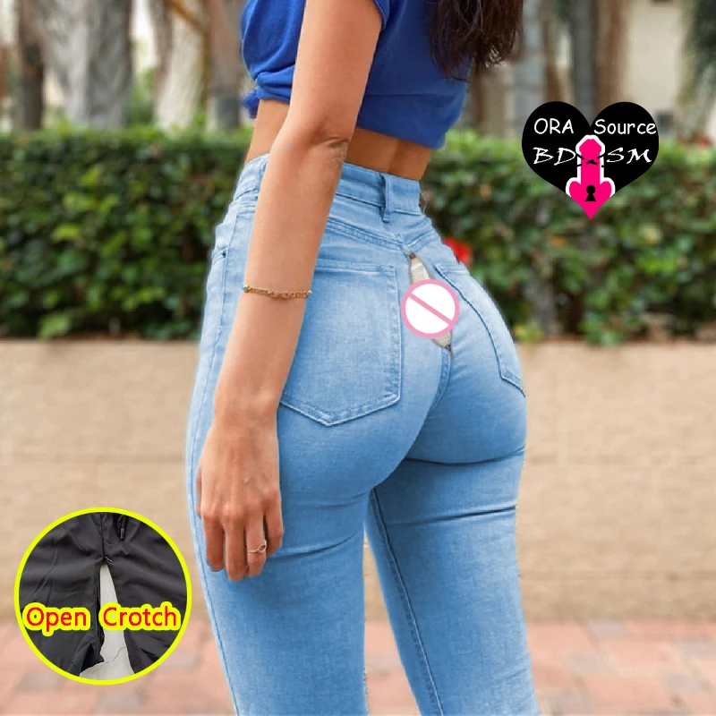 Woman Open Crotch Sexy Jeans Pants Crotchless Denim Fitness Sport Booty Push Up Hidden Zipper Intimate Outdoor Exotic Panties women crotchless shorts