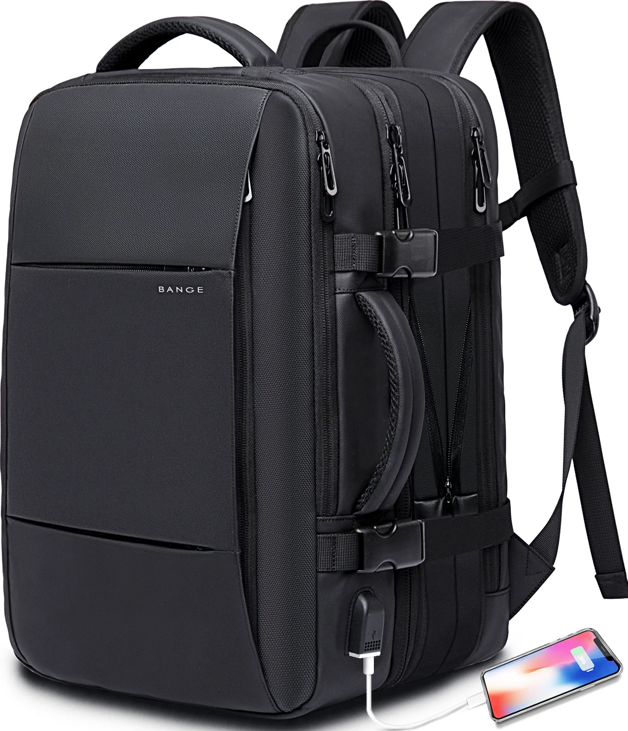 

BANGE 15.6 Inch Black 37L Large Capacity Expansion School Backpacks USB Interface for Charging Bag Men's Backpack