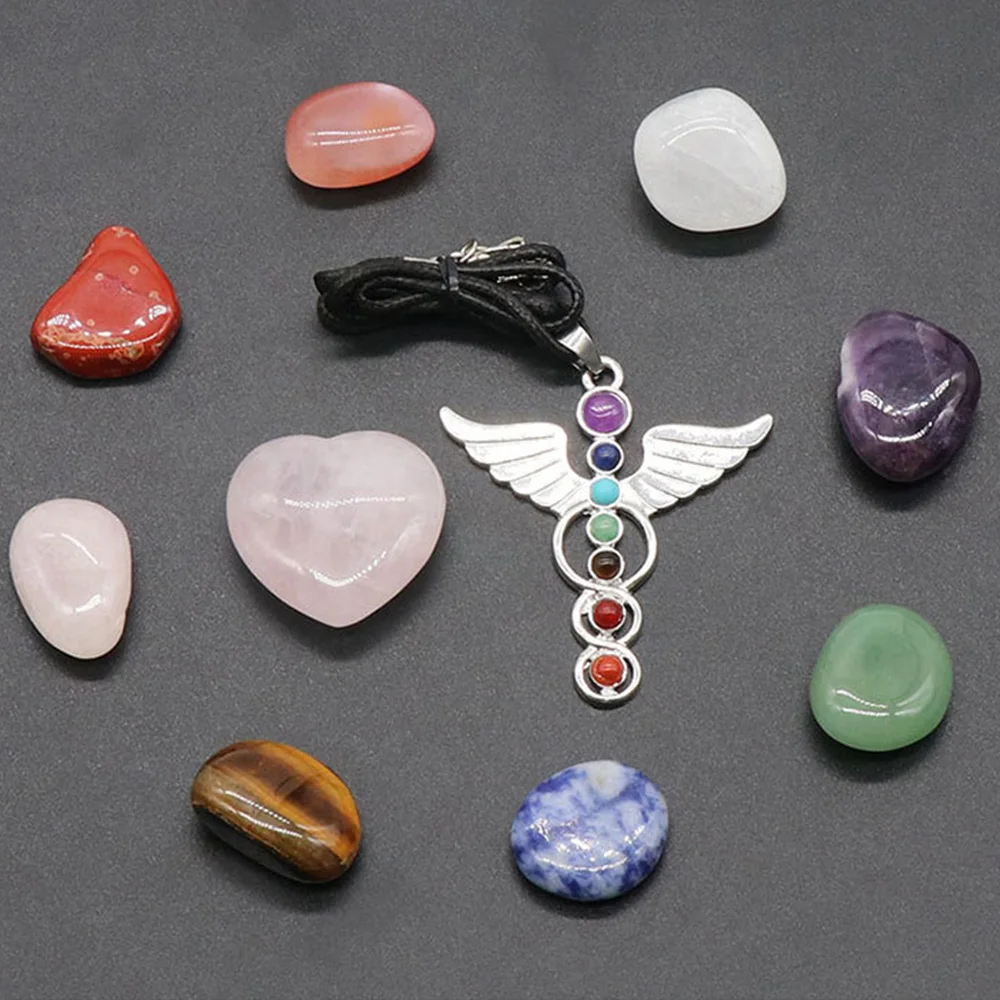 

Natural 7 Chakra Angel Wing Pendant Heart Shape Rose Quartz Tumbled Polished Stones Energy Healing Crystals Set Gift With Box