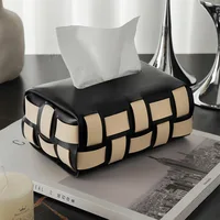 Black and White Checkerboard Woven Leather Car Tissue Box High-end Light Luxury Living Room Dining Table Bedroom Storage Box 1