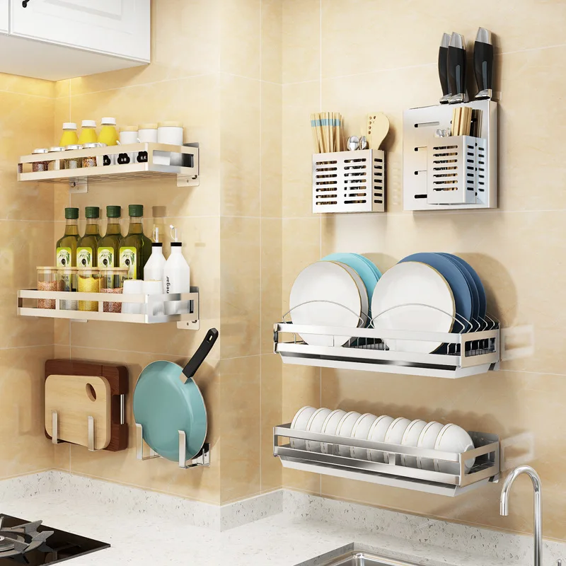 

Stainless Steel Kitchen Shelf Wall Hanging Vegetable Plate Dishes Rack Seasoning Rack Knife Rack Free Punching Storage Shelf