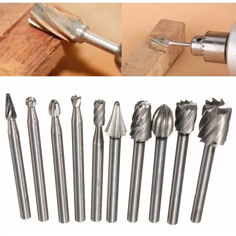 

10PCS Metal Milling Cutters High Speed Steel Grinding Bit Wood Carving 1/8' Burr Bit Safe Wood Carving Rasp Engraver Set Files