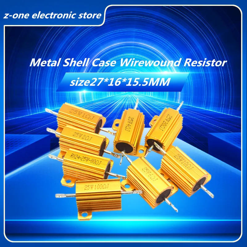 5PCS 25W-RX24 Aluminum Power Metal Shell Case Wirewound Resistor 1R 10R 100R 4.7K 5.1K 10K 15K 20K 22K 30K 50K 75K 82K 0.1~100K gold aluminum case high power metal resistor rx24 100w 25 50 200w 20 100r euro 10k 1k