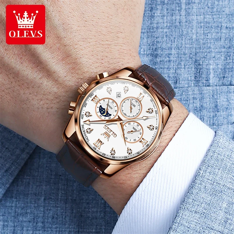 OLEVS Luxury Casual Sport Watch For Men Top Brand Leather Strap Date Moon Phase Waterproof Watches Male Clock Reloj Hombre
