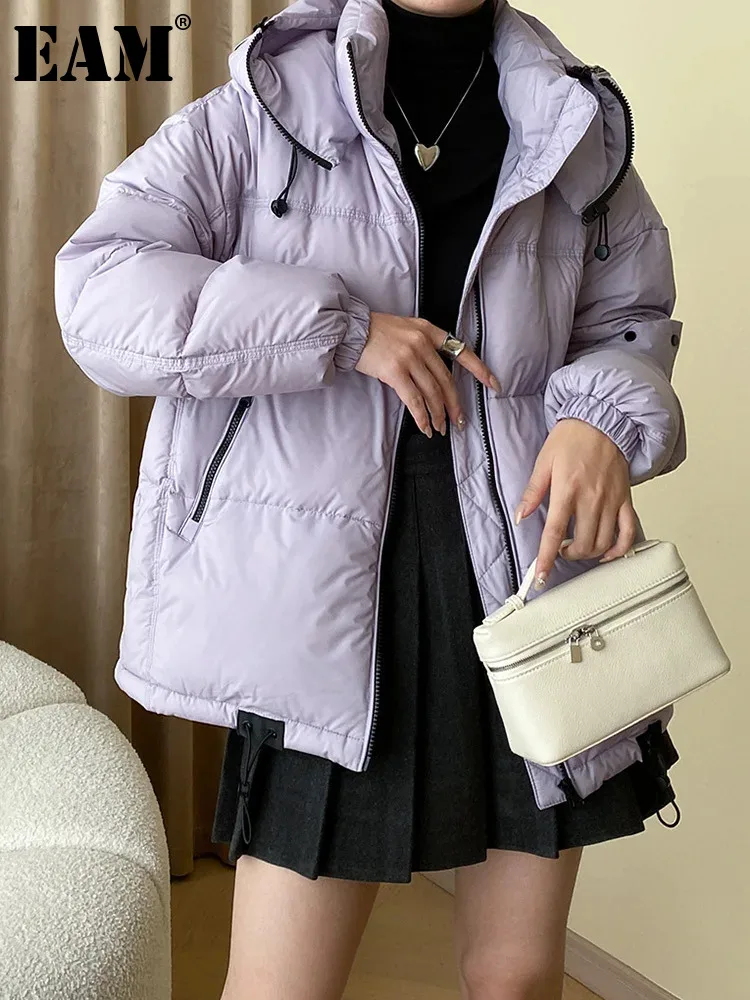 

[EAM] Purple Drawstring Hooded Big Size Cotton-padded Coat Long Sleeve Women Parkas Fashion Tide New Autumn Winter 2024 1DH2727