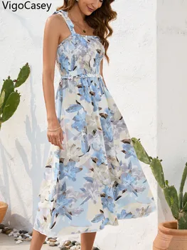 VigoCasey 2025 Summer Female Strap Long Dress Women Sexy Print Backless Dress Summer Lady Casual Sleeveless Tight Dresses