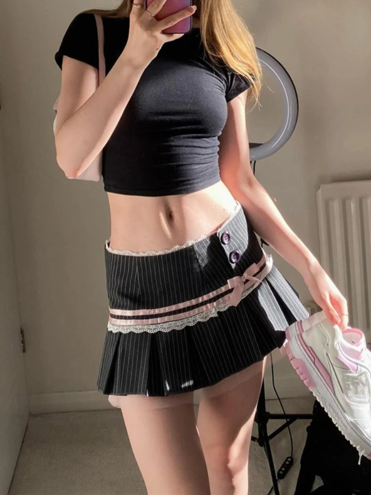 Skirts for Women Fashion Low Waisted Striped Sweet Girl Butterfly Tie Street Style Lace Patchwork Pleated Women's Vintage Skirt
