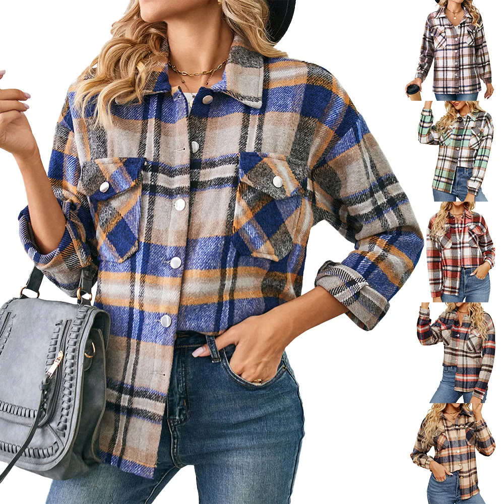 

Women's Loose Long-Sleeved Plaid Woolen Coat Button-Down Lapel Autumn