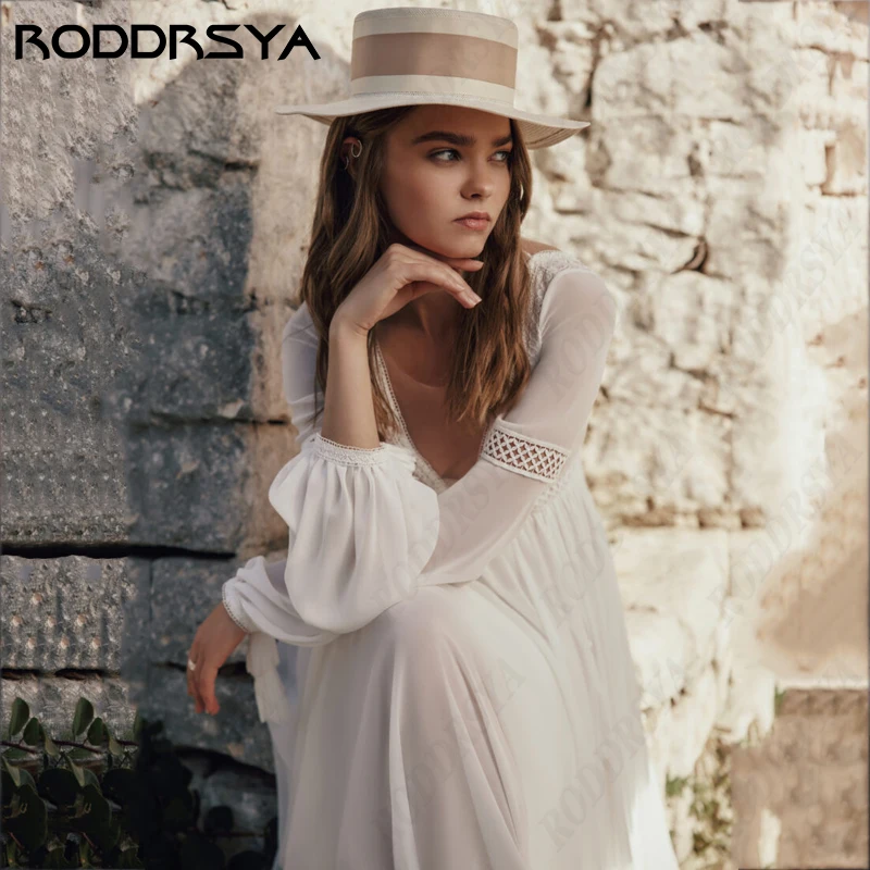 RODDRSYA Boho Elegant Long Sleeve Wedding Dress For Women Beach V-Neck A-Line Bridal Party Romantic Chiffon Backless Brautkleid 4