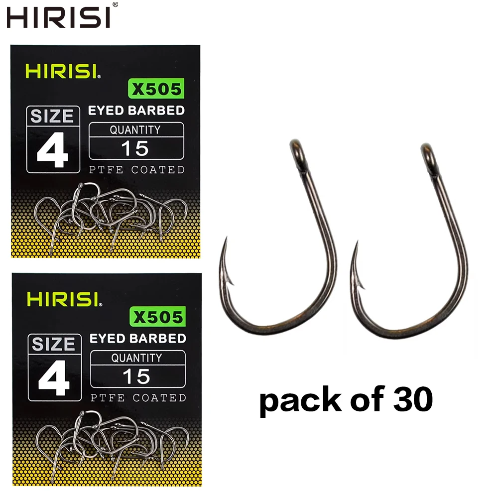 30 hameçons carpe en acier inoxydable carbone avec œillet et barbillon, revêtus PTFE anti-corrosion, accessoires pêche durable X505