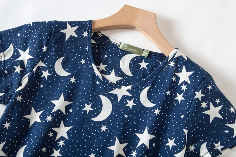 Sexy Nightwear Women with Star Moon Pattern Cotton Loungewear Round Neck Laides Sleepwear Girl Pajamas Dress Nightgown Big Size