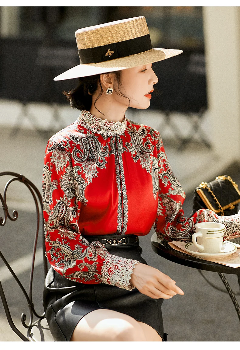 

Elegant Lace Embroidery Hollow Out Print Satin Silk Blouse Women's Clothing Long Sleeve Loose Shirt Tops