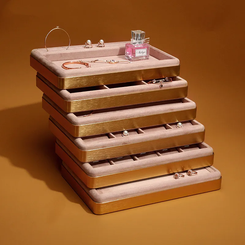Pink Pu Jewelry Display Tray Necklace Holder Metal Luxuly Ring Organizer Earring Show Stand Mall Watch Show Plate Tray