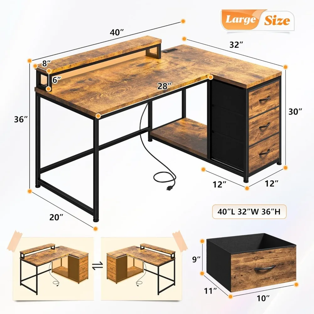 Gaming Desk with Drawers L Shaped 40Inch Computer Desk with LED & Power Outlet Reversible Corner Desks 2