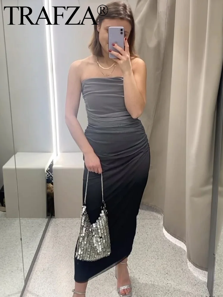 

TRAFZA Summer Dress For Women Fashion Trend Mesh Chest Wrapping Slim Long Dress Female Vintage Evening Dress Mujer Vestidos