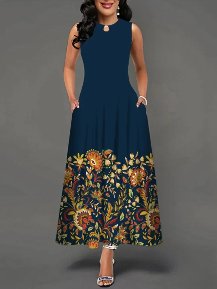 

2024 New Ladies Summer Long Dress Women Black Sleeveless Casual Party Dresses Elegant 3D Print Vintage Maxi Dress For Women