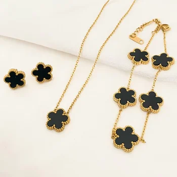 Conjunto de 3 peças de flor de ameixa colar de flor de cinco folhas pulseira conjunto de joias de presente feminino para festas 1