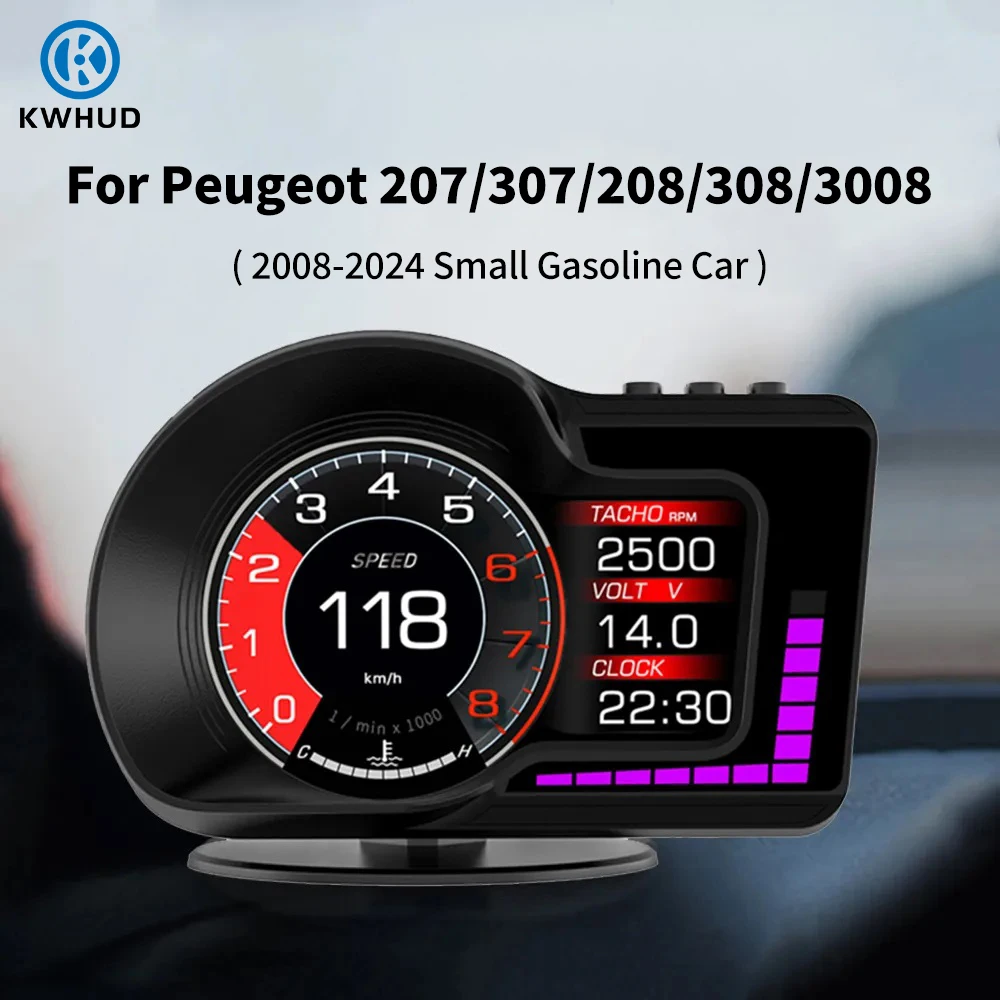 Автомобильный мультиметр KWHUD HUD OBD2 + GPS для Peugeot 407/307/508/308 2008-2024, измеритель скорости бензинового автомобиля/об/мин/напряжения/турбометра