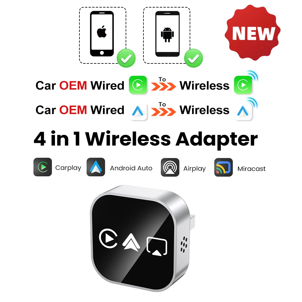NOWY Adapter 4 w 1 Bezprzewodowy Carplay Smart Mirror Link Adapter Android Auto USB Dongle Przewodowy Carplay na Bezprzewodowy Plug and Play