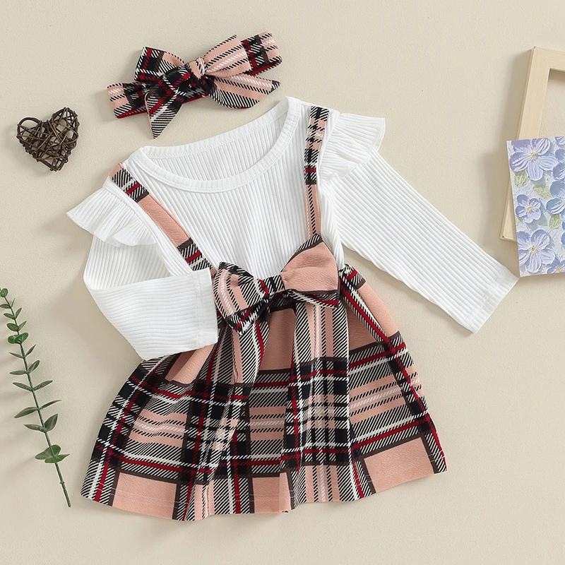 

Baby Girl Fall Outfits Long Sleeve Bow Front Romepr Suspender Dress with Headband 3PCS Infant Winter Clothes Set
