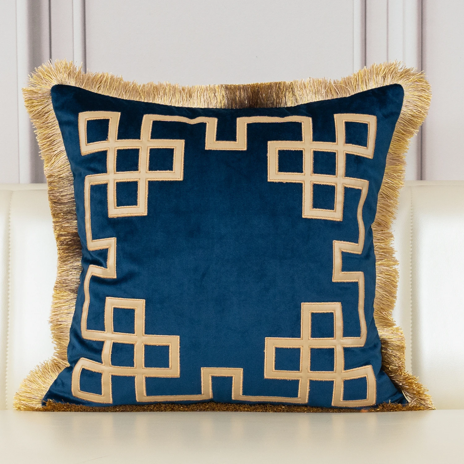 Description Picture 4 of itemAeckself Luxury Gold Leather Embroidery Velvet Cushion Cover With Tassel Home Decor Navy Blue Black Beige Throw Pillow Case