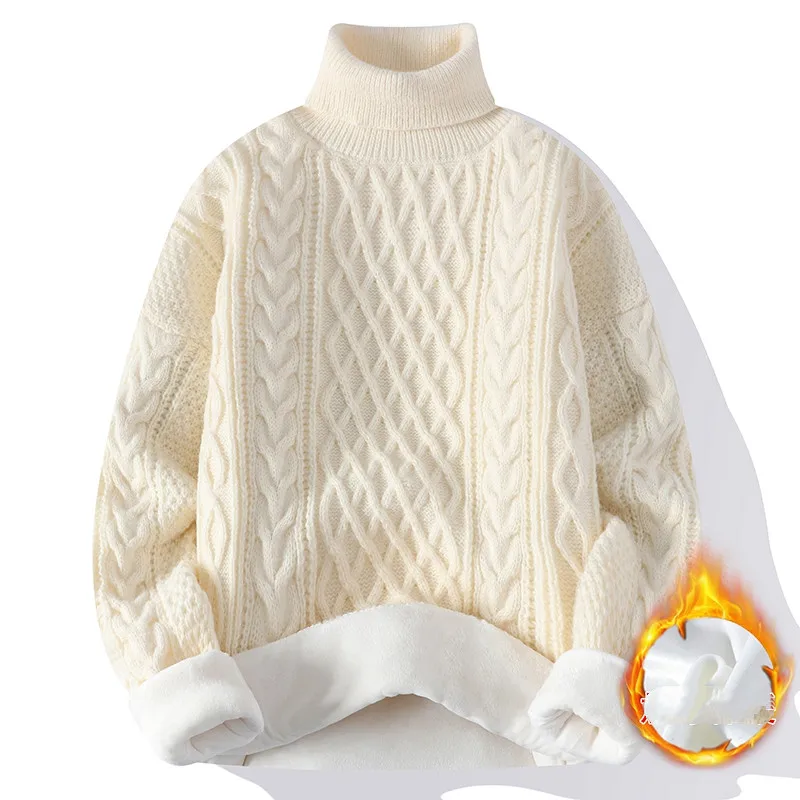 2023 Autumn Winter Mens Fleece Turtleneck Sweater Men Knitting Pullovers Knitted Red Sweater Warm Men Jumper Casual Sweater