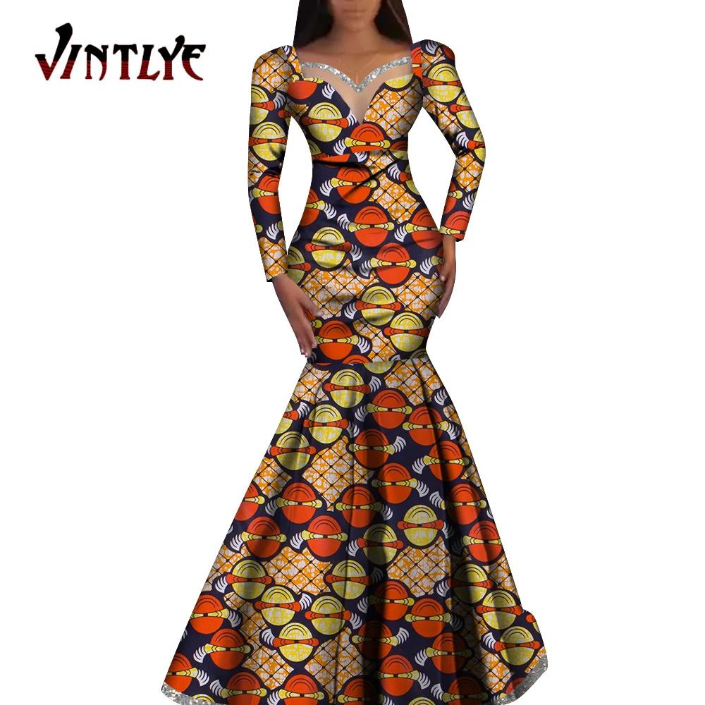 Fashion Robe Dresses Ankara Print African Dresses for Women Long Sleeve Elegant Dashiki Wedding Pleated Skirt Dresses WY1058 african gowns Africa Clothing