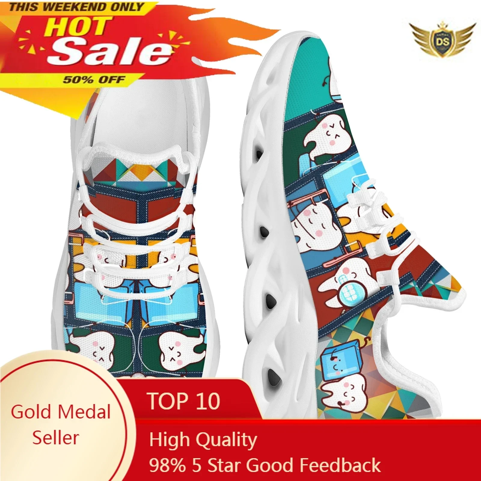 Women Flats Cartoon Lattice Tooth Pattern Casual Shoes Breathable Mesh Female Sneakers Zapatos Mujer