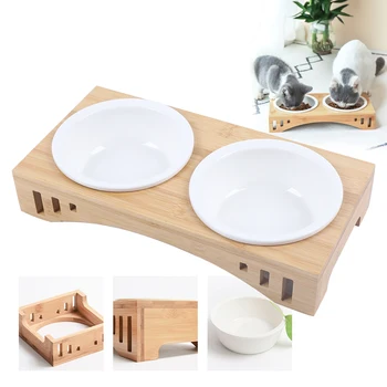 Cat Bowl Feeding And Water Double Bowls Feeding Station Non-Slip Cat Accessories With Raised Bamboo Stand 6