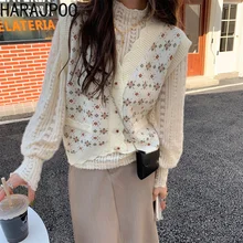 Harajpoo Women Tank French Sweet Gentle Female 2021 Autumn Floral V Neck Knitted Sweaters Sleeveless Jacket Beige Casual Vests