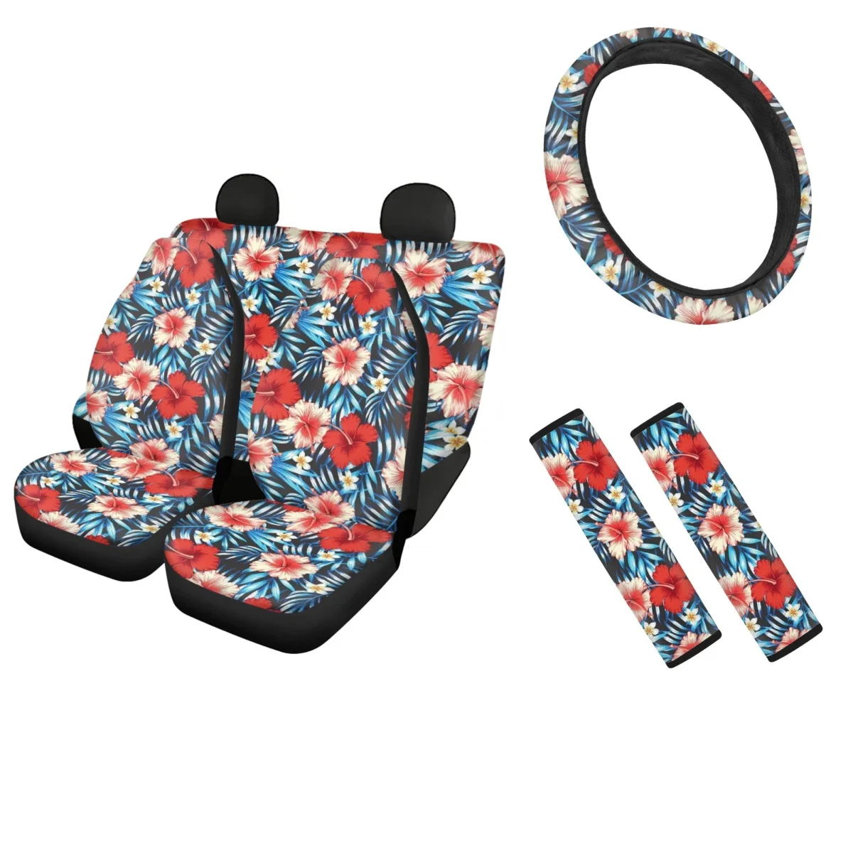 

Car Interior Seat Cover Hawaiian Hibiscus Style Pattern Easy Install Clean Sedan Seat Belt Sets and Steering Wheel Cover Fashion