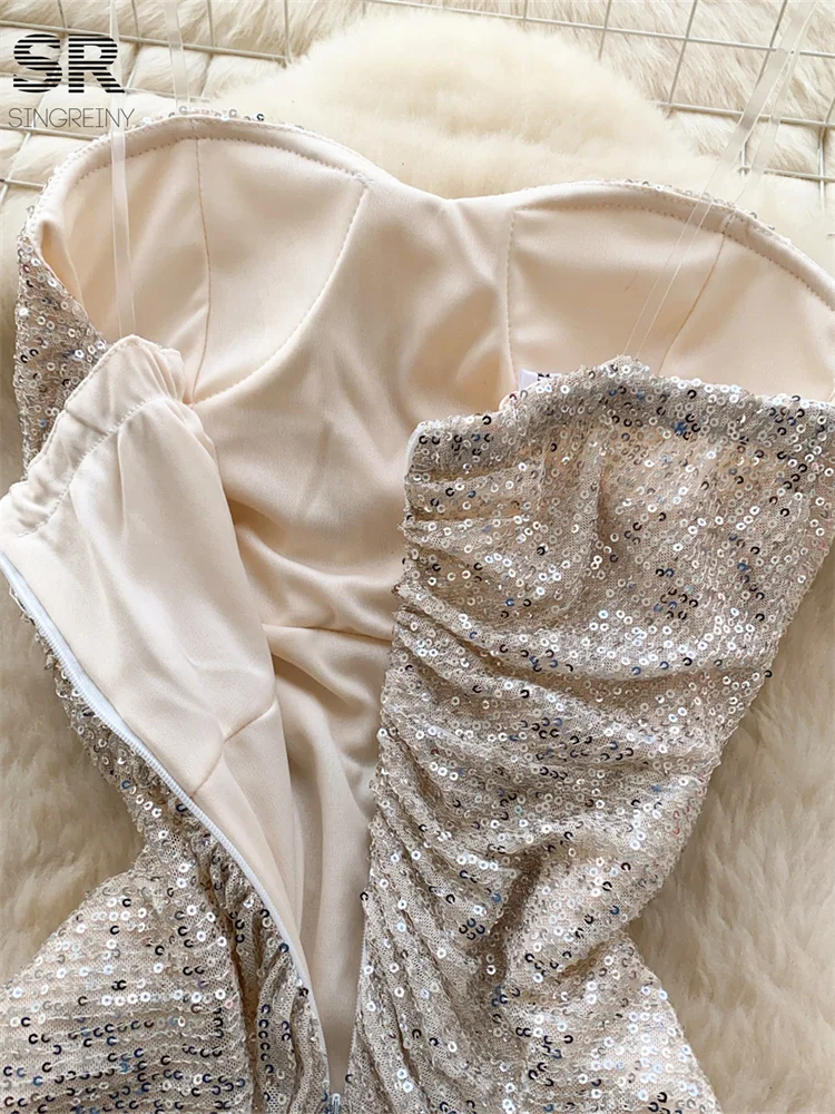 SINGREINY Sequined Senior Party Dress Women Sleeveless Off Shoulder Split Zipper Design Folds Luxury Shinny Strapless Dresses 5