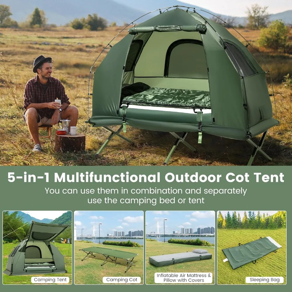 5-in-1 Folding Camping Tent Cot with Air Mattress, Pillow, Sleeping Bag & Elevated Tent Shelter 2