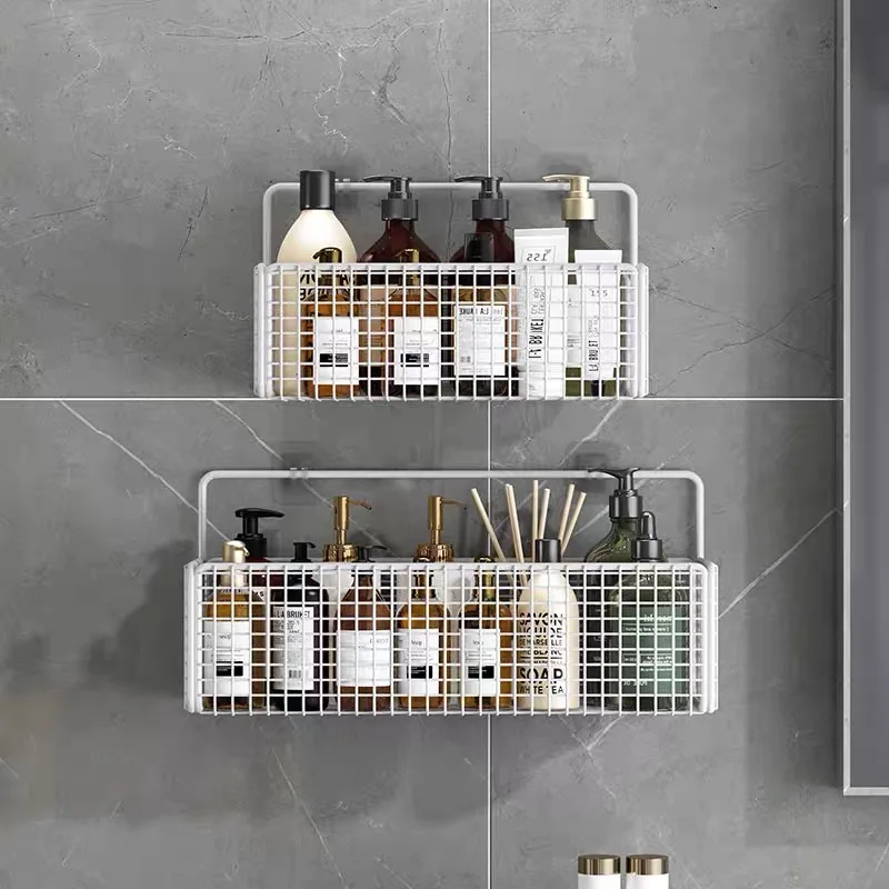 Non Perforated Bathroom Shelf Storage Basket with Hooks for Wall Storage Toiletries Shampoo and Shower Gel Storage 2
