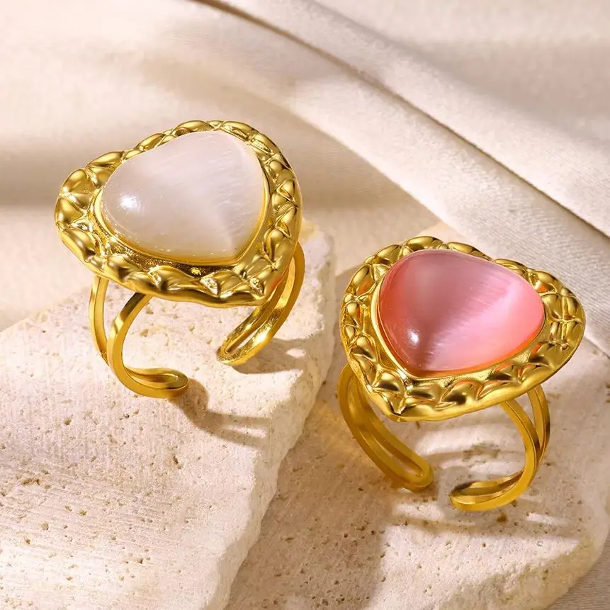 Natural Stone Heart Ring For Women Gold Color Stainless Steel