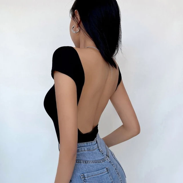 Solid Women Short sleeve Backless T Shirt Top Summer Slim Fit Crop Tops  Casual Sexy Shirts Female Tee Tops