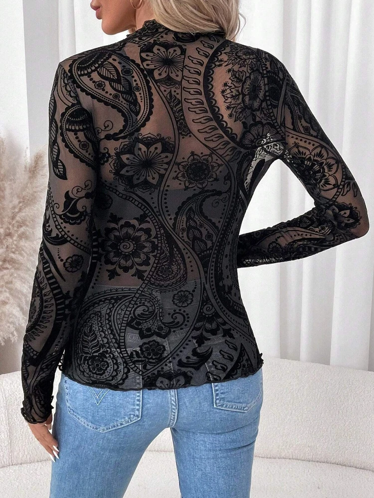 New Fashion Women's Mesh Semi-turtleneck Lace Splicing Long-sleeved T-shirt Elegant Slim-fitting Casual Blouse Woman Clothing