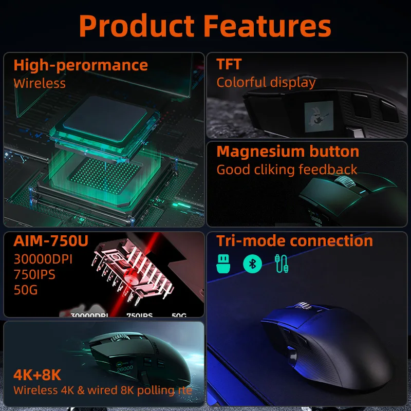 Dareu A980ProMax 8Khz Wireless Wired Mouse Tri-Mode AIM-750 30000 DPI Rechargeable TFT Display for PC Laptop Gamer gaming mouse wireless mouse wireless gaming mouse wired mouse