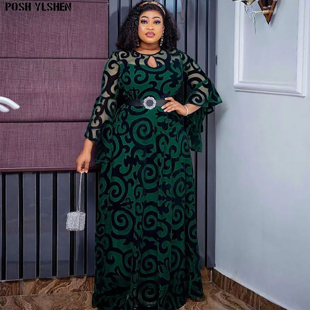 

Plus Size African Maxi Dresses Women Print Pleated Long Elegant Party Dress Slim Flare Sleeves Robes Female Gowns 2023 Summer