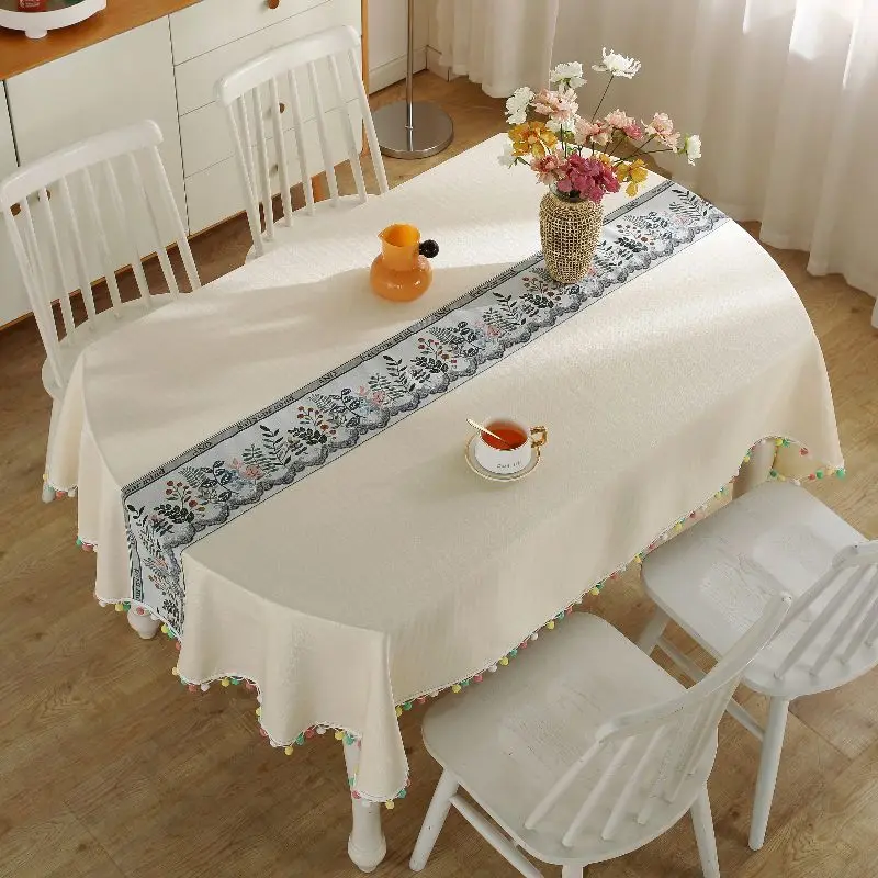 

Tablecloth Oval 180cm Floral Jacquard with Colorful Pompom Table Cover Farmhouse Home Decorative Dining Ellipse Table Cloth