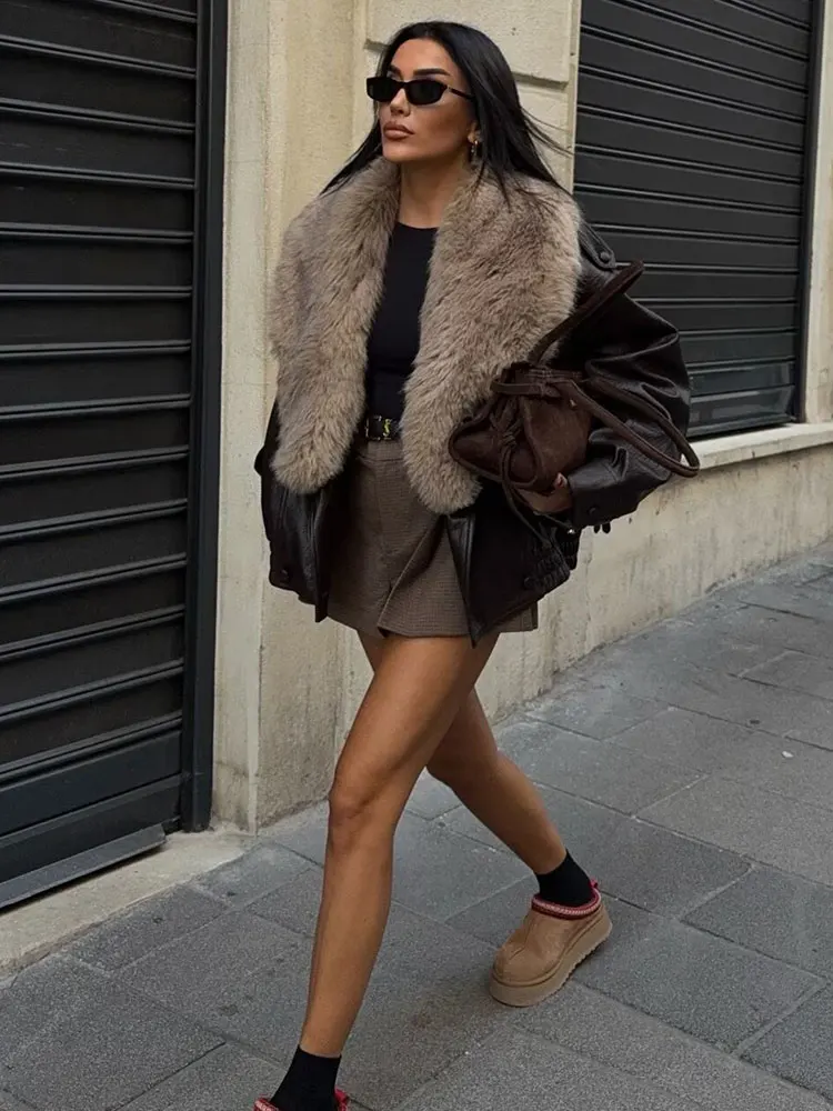 HH Winter Women Elegant Fashion Faux Fur Collar Jackets Long Sleeve Faux Leather Jacket Autumn Female Loose Casual Oversize Coat