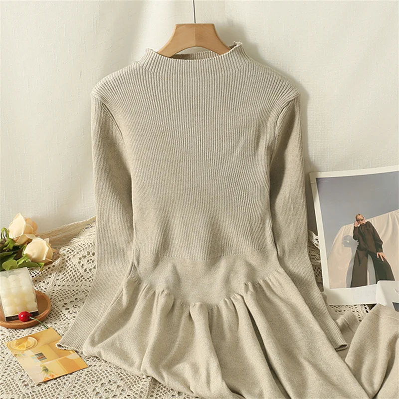 

Autumn Winter Solid Half Turtleneck Sweater Dress Women Warm Slim Bottom Knitted Dresses Female A Line Large Hem Long Vestidos