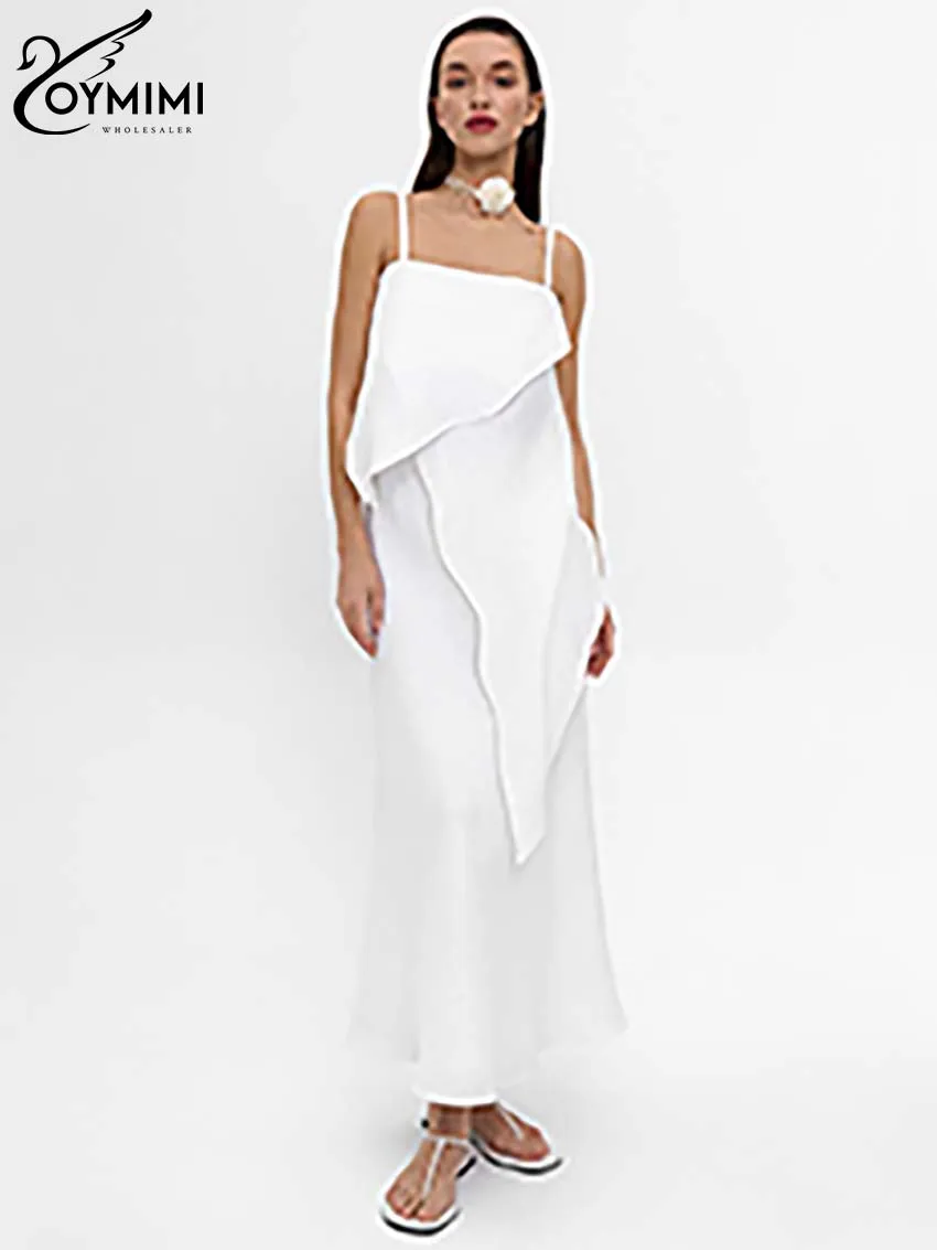 Oymimi Summer White Cotton Two Piece Sets For Women Elegant Spaghetti Strap Open Back Tops And High Wiast Simple Skirts Sets bodycon dress women s elegant ruffle shirred textured adjustable spaghetti strap open back tinsel detail back slit maxi bodycon dress m white