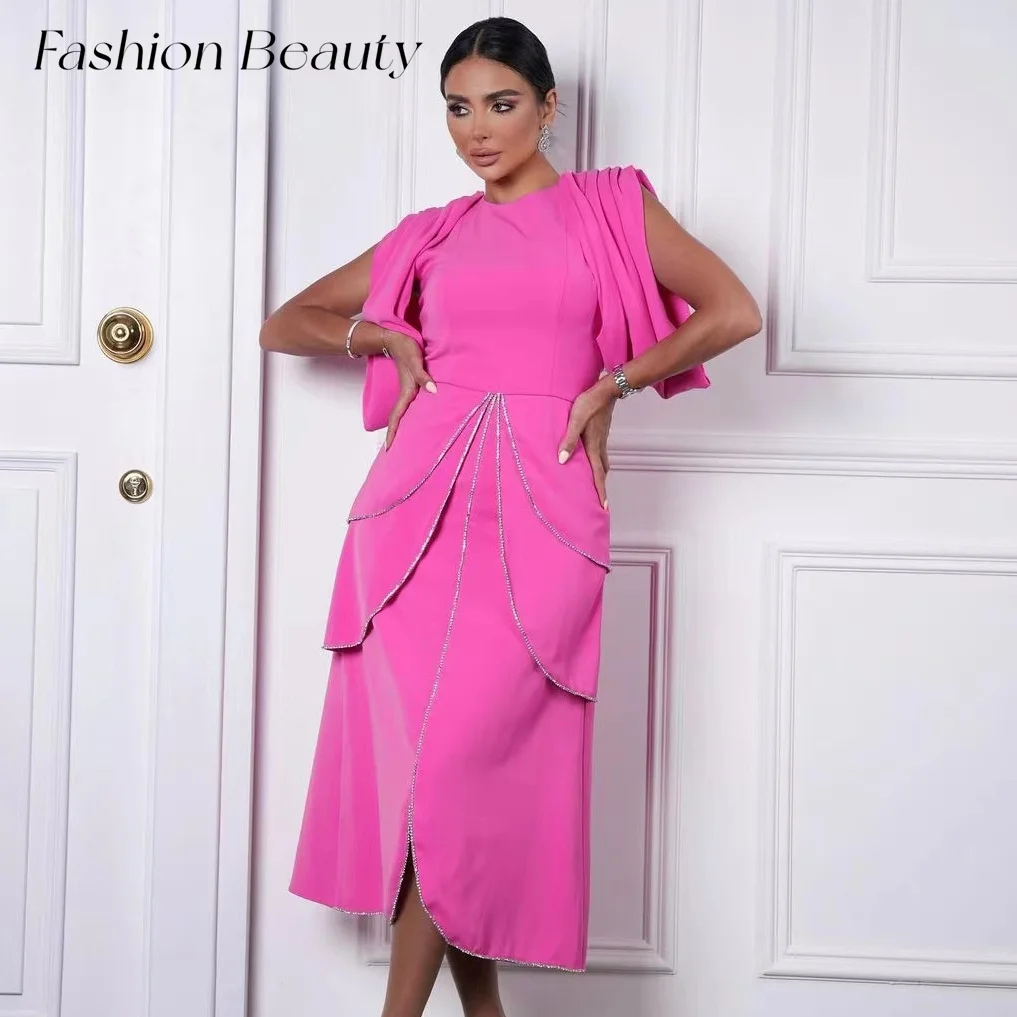 

Fashion Beauty Evening Dresses Sleeveless Beads Tea-Length Slit Pleat New Style Party Elegant Dress For Women 2024 فساتين السهرة