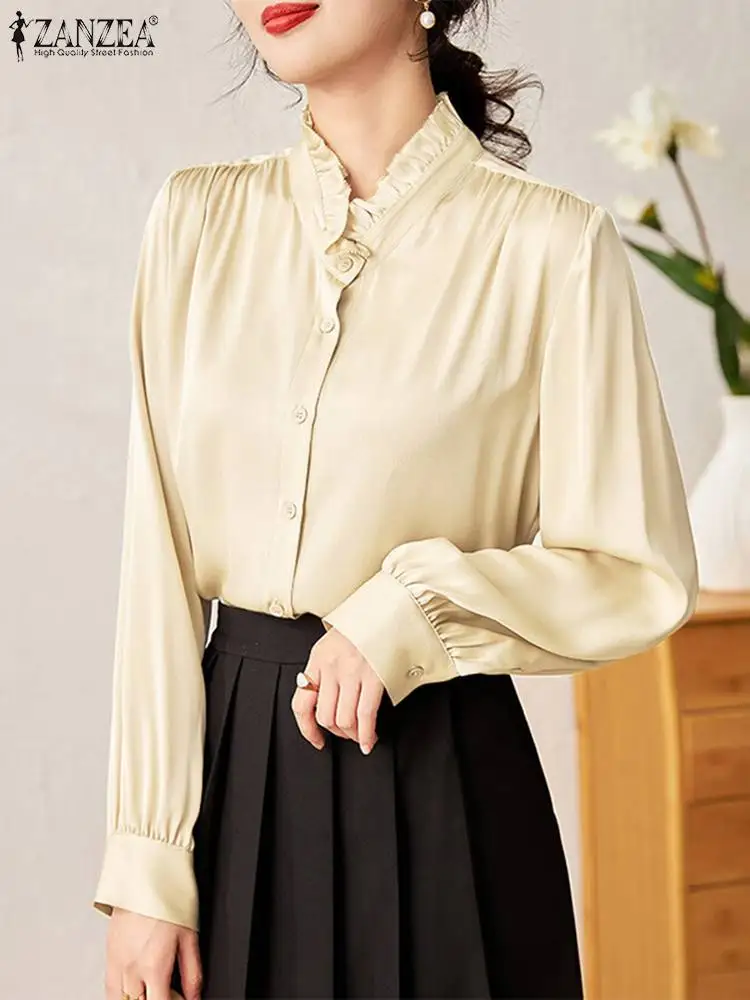 

ZANZEA 2023 Stain Fungus Ruffled Stand Collar Shirts Women Pleated Blouse Autumn Korean Elegant Buttons Long Lantern Sleeve Tops